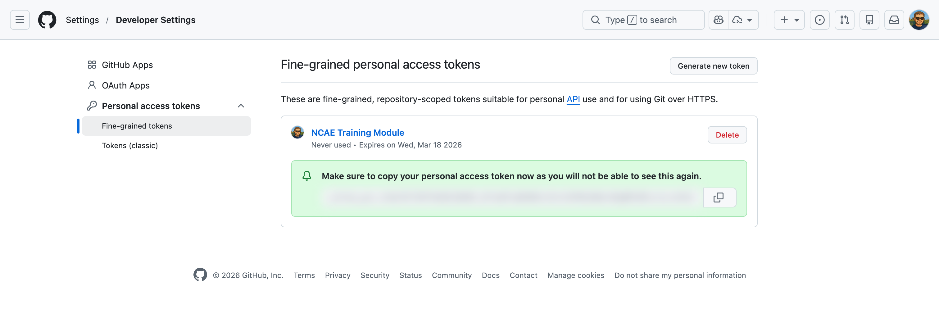 GitHub PAT Shown after Creation