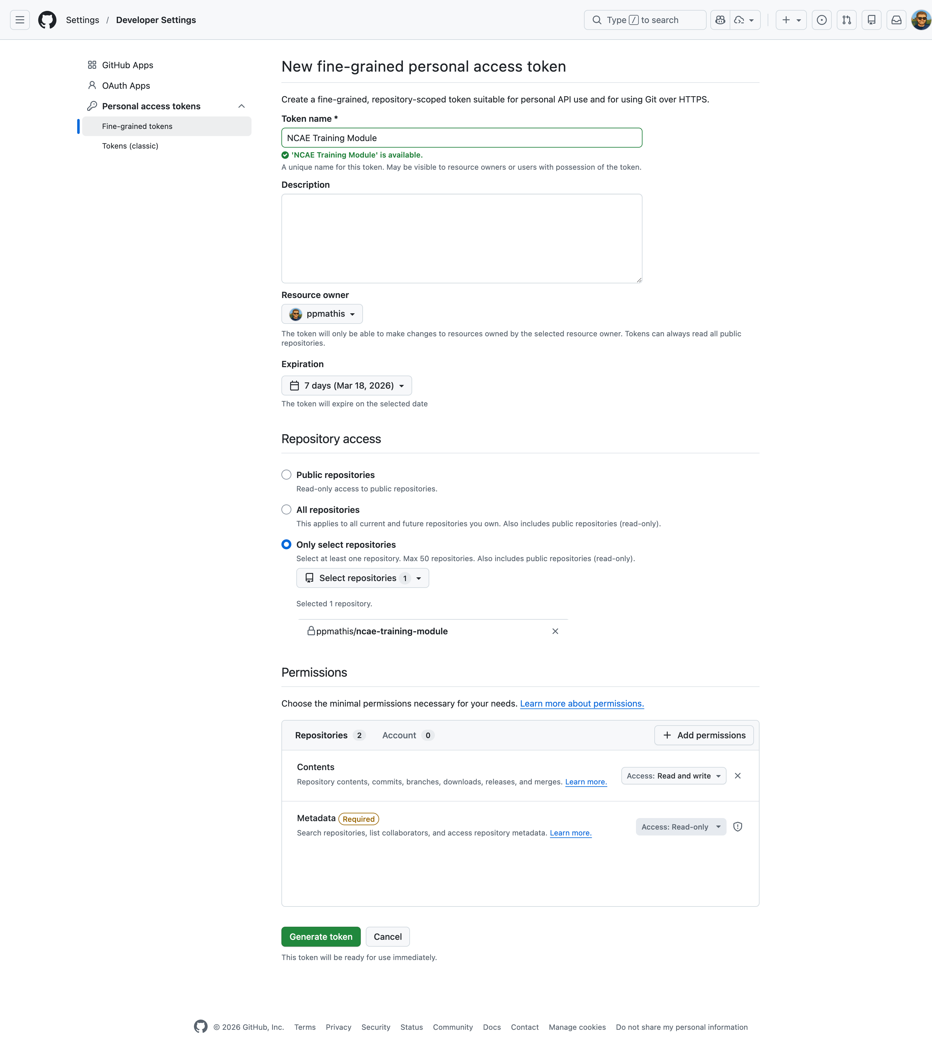 GitHub PAT Creation