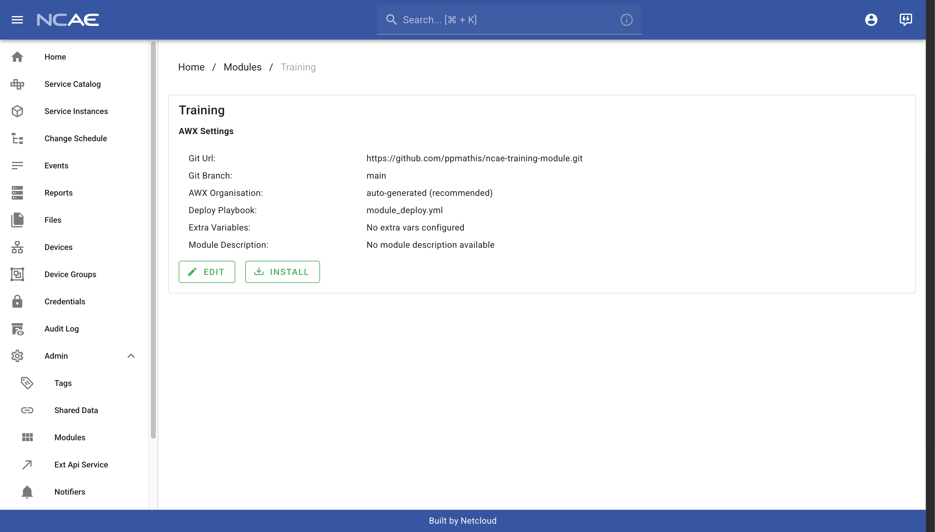 NCAE Module Details with Install Button